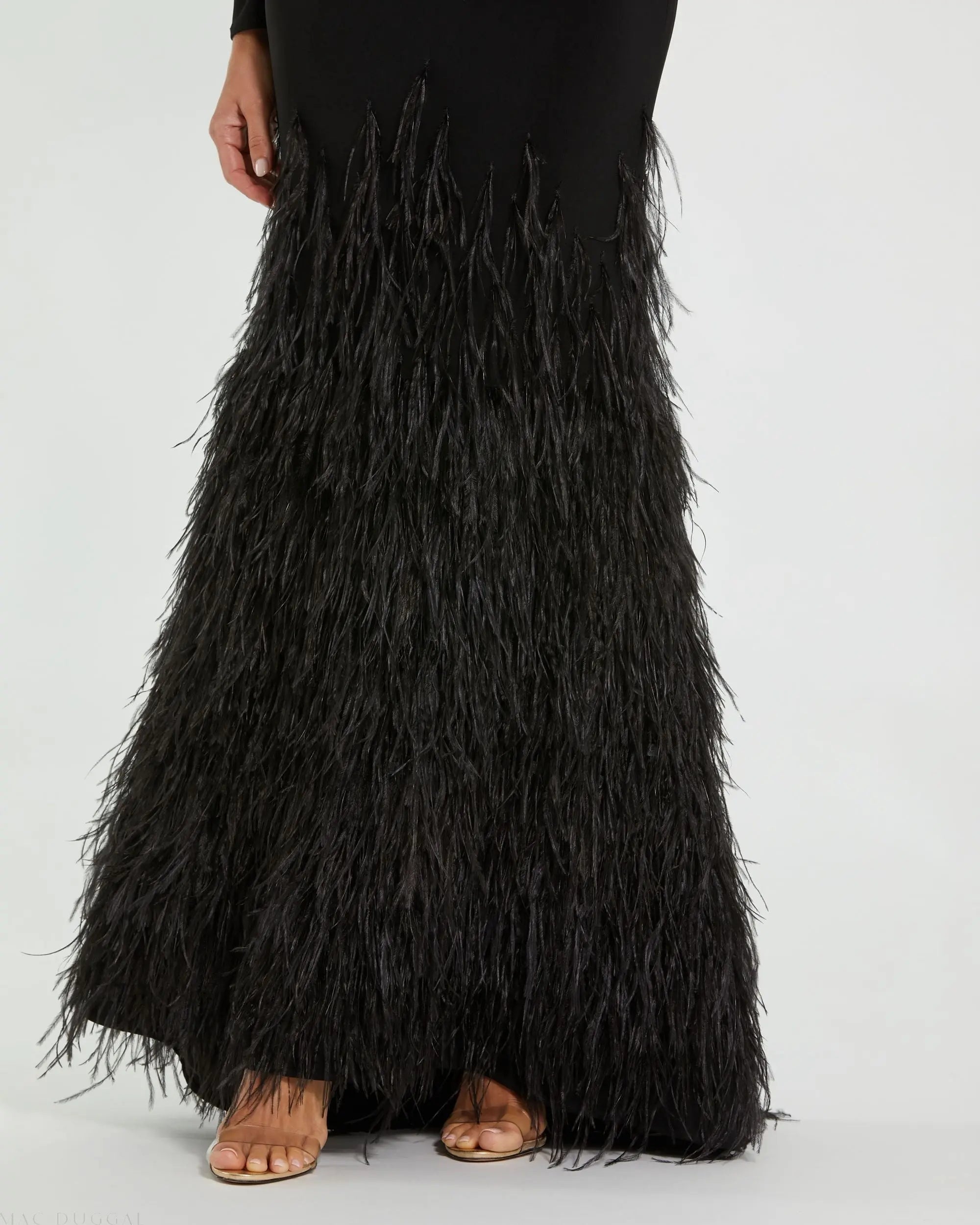Black Jersey Long Sleeve High Neck Feather Gown