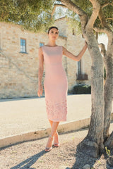 Pink Crepe Sleeveless Midi Dress With Flower Beading