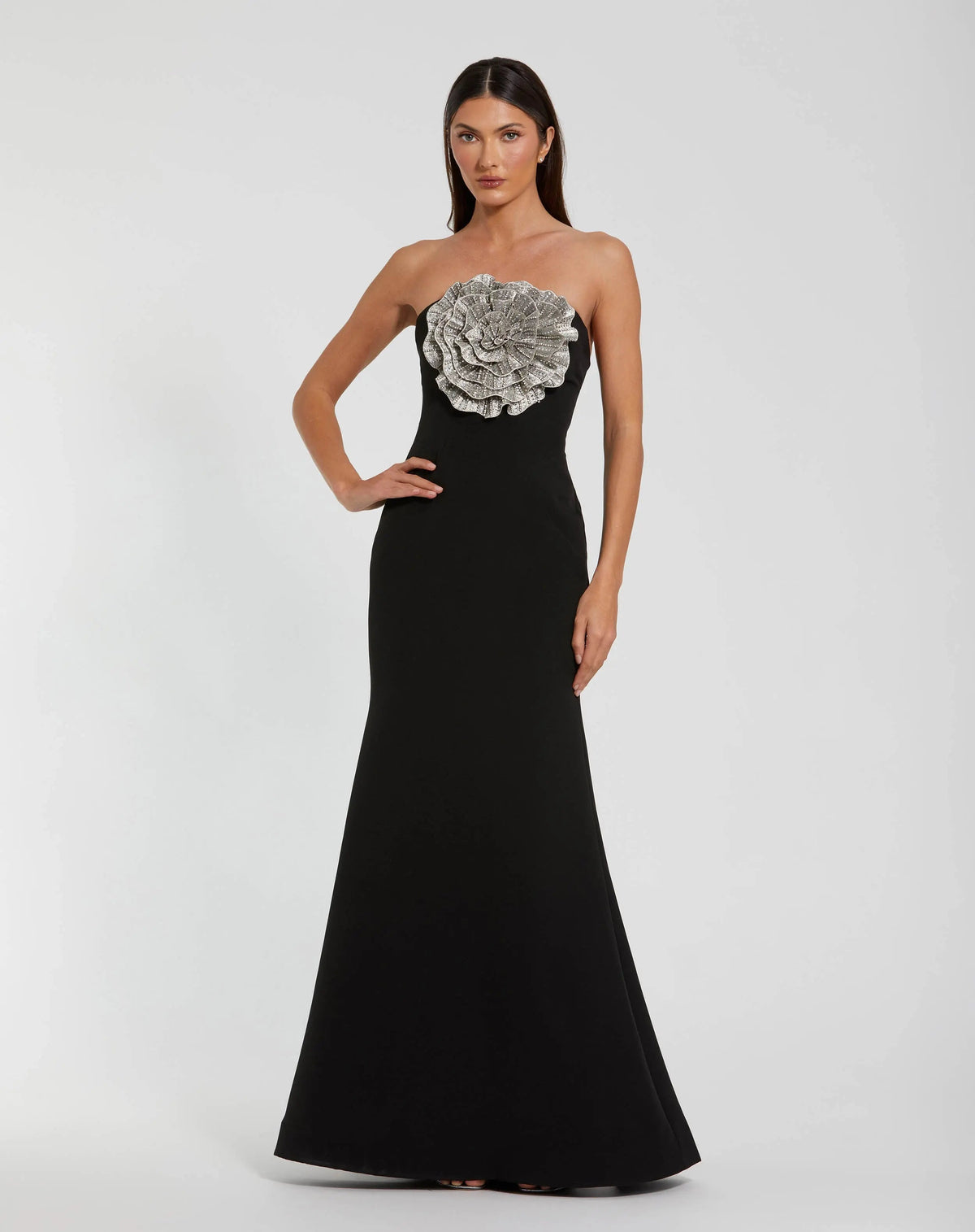 Black Strapless Crepe Trumpet Gown with 3D Rhinestone Flower