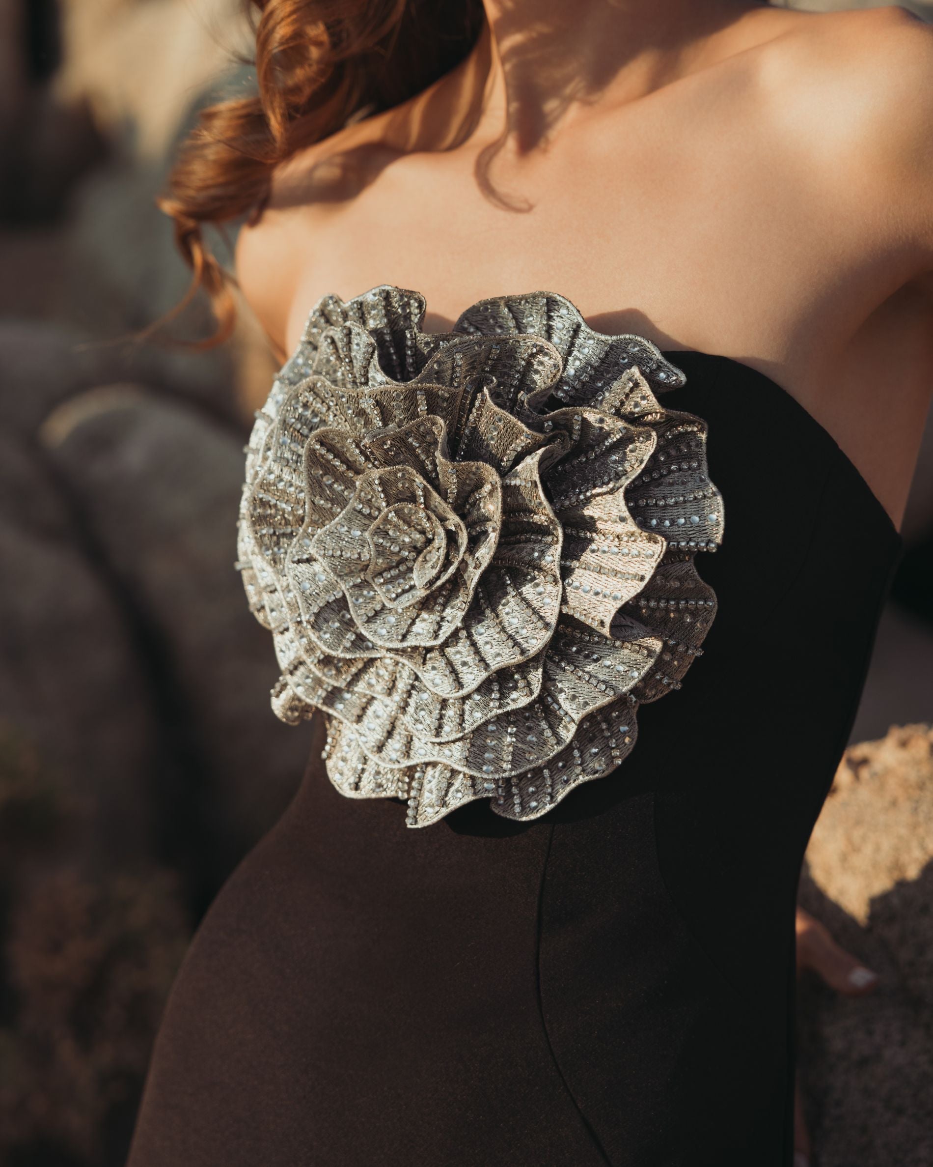 Black Strapless Crepe Trumpet Gown with 3D Rhinestone Flower