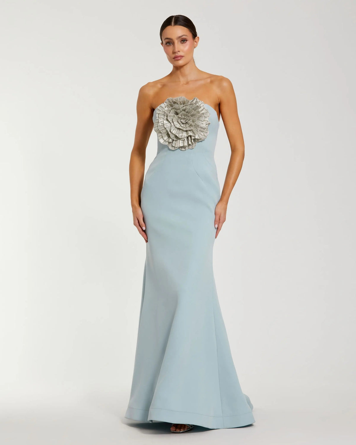 Blue Strapless Crepe Trumpet Gown with 3D Rhinestone Flower