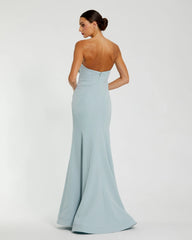 Blue Strapless Crepe Trumpet Gown with 3D Rhinestone Flower