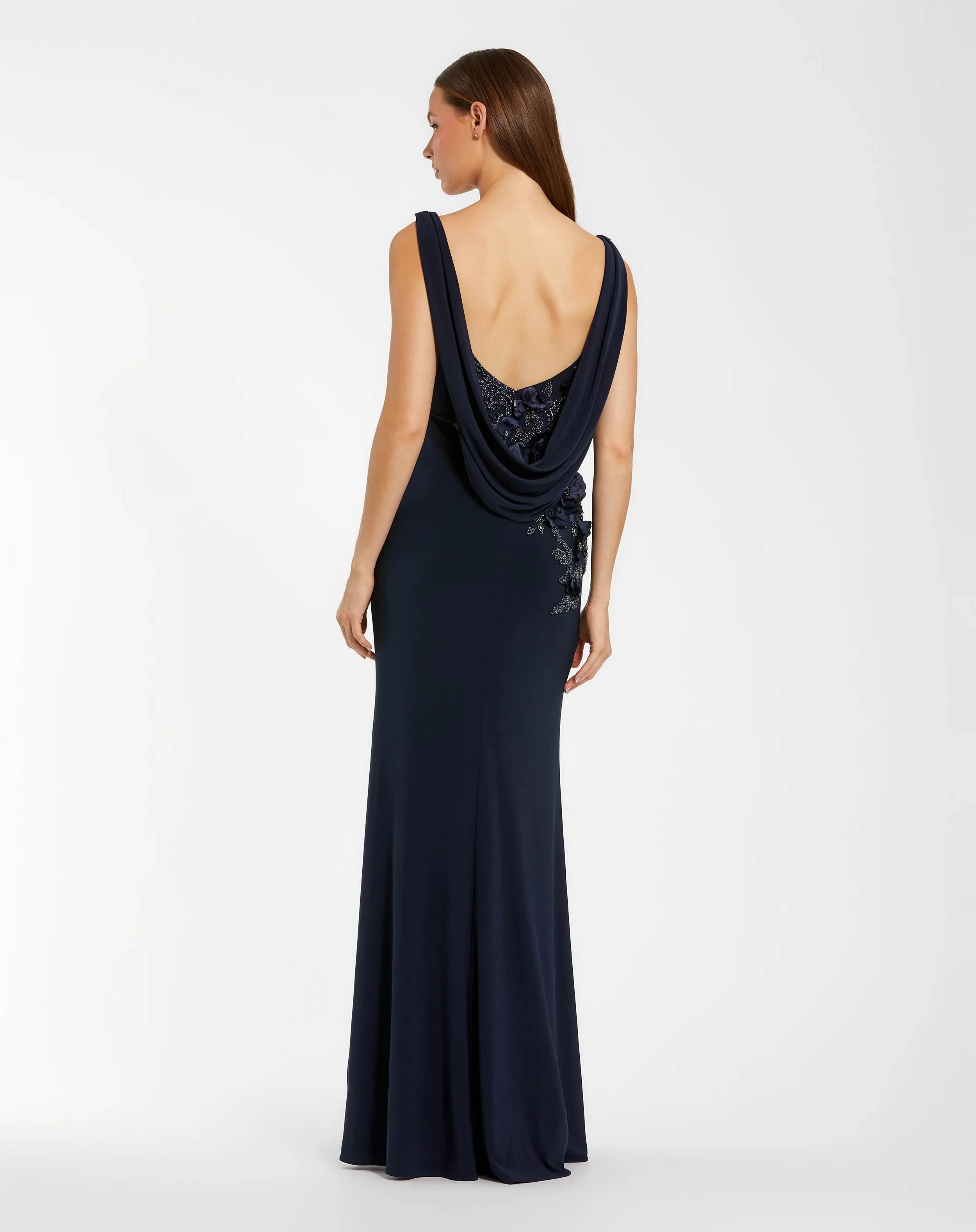 Navy Sleeveless Jersey Cowl Neck Gown With Beading