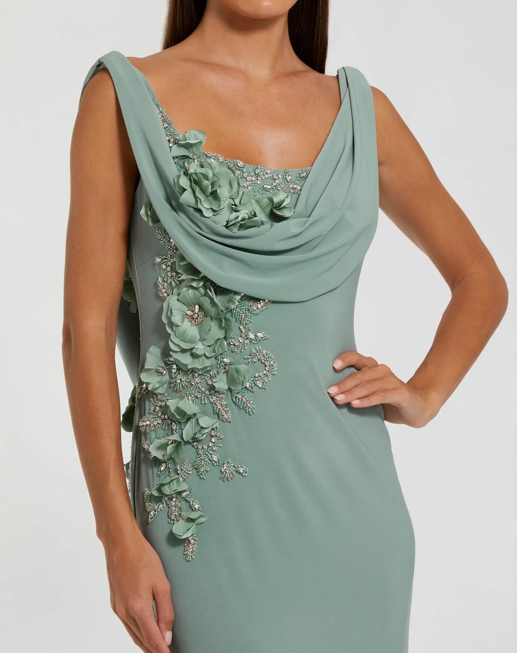 Green Sleeveless Jersey Cowl Neck Gown With Beading