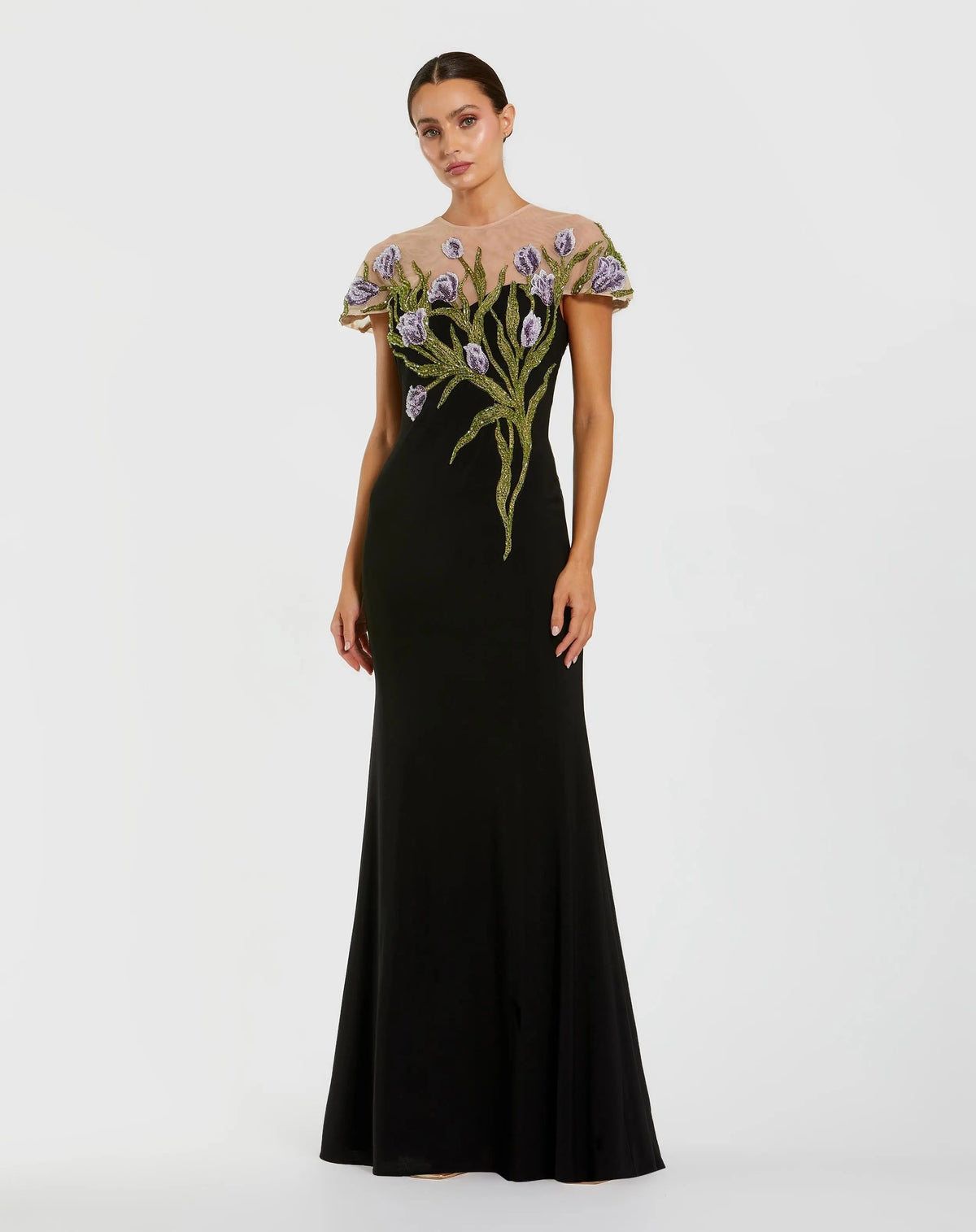 Black High Neck Floral Embroidered Jersey Gown