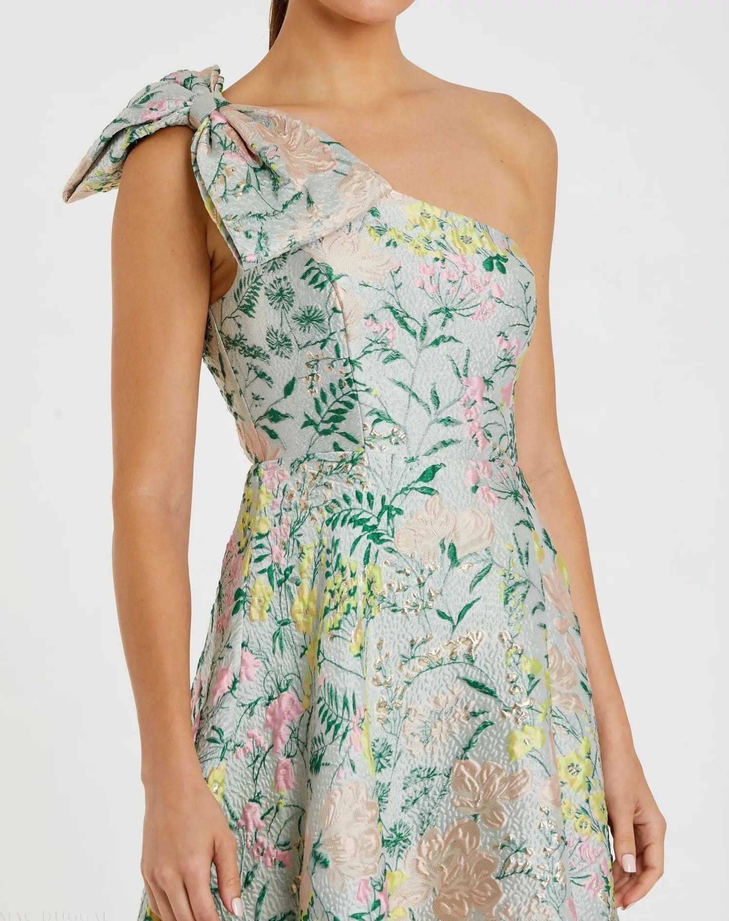Multicolor One Shoulder Brocade Floral Gown With Bow