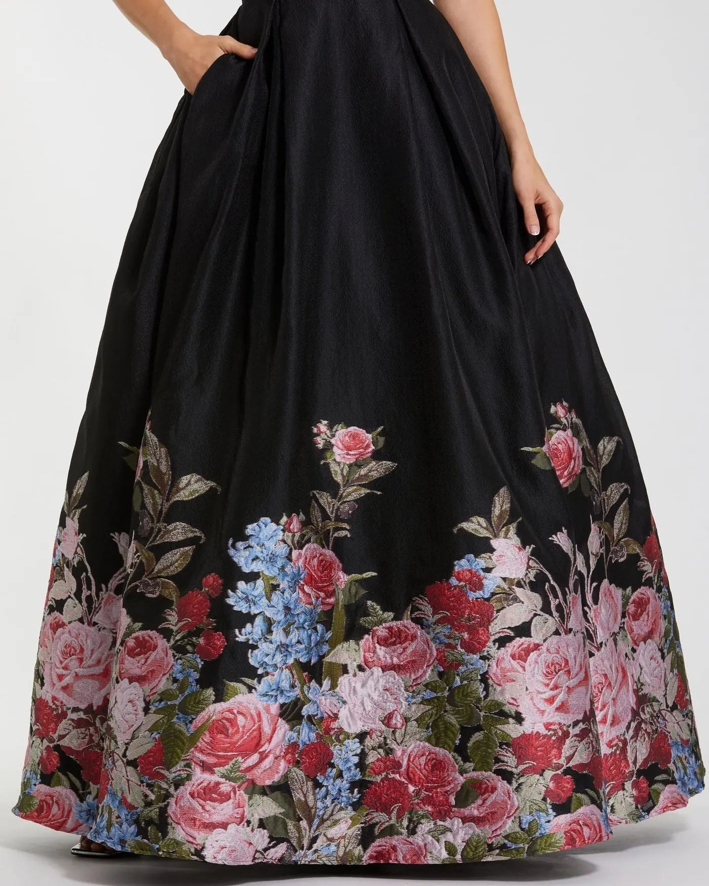 Black Strapless Floral Brocade Ballgown