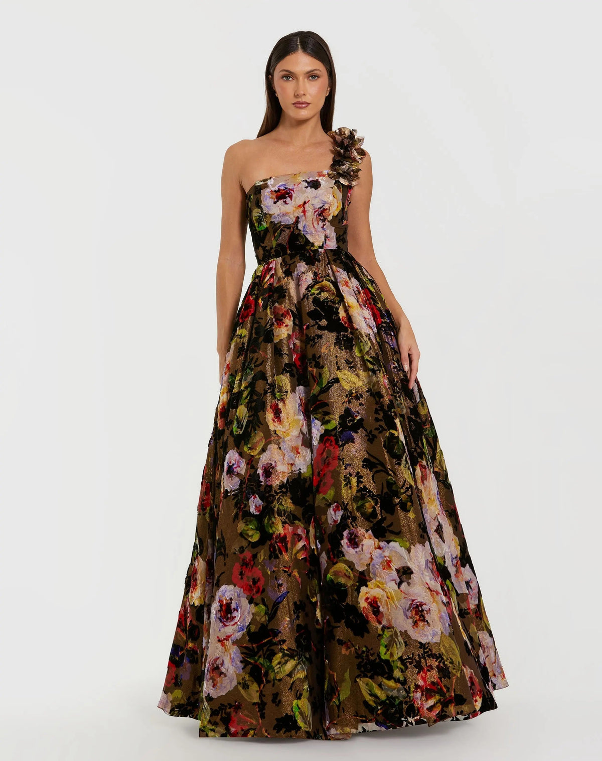 Multicolor One Shoulder Floral Velvet Ballgown