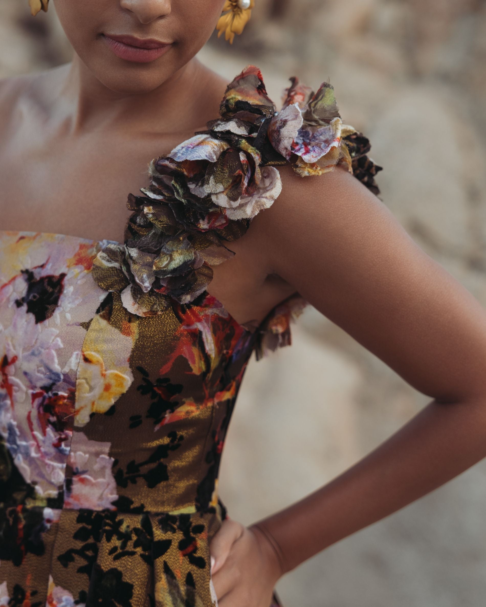 Multicolor One Shoulder Floral Velvet Ballgown