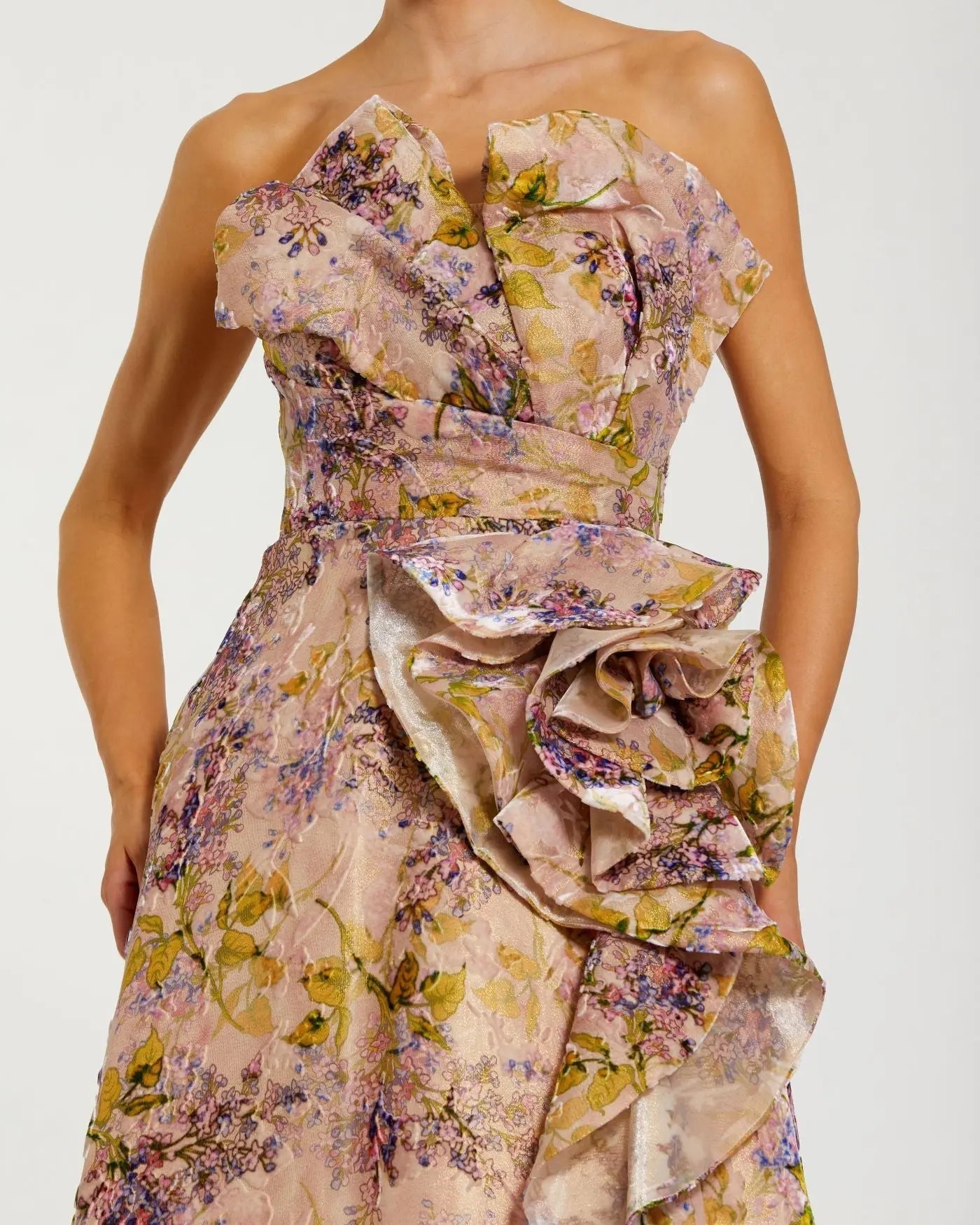 Strapless Pink Velvet Floral Ball Gown with 3D Rosette