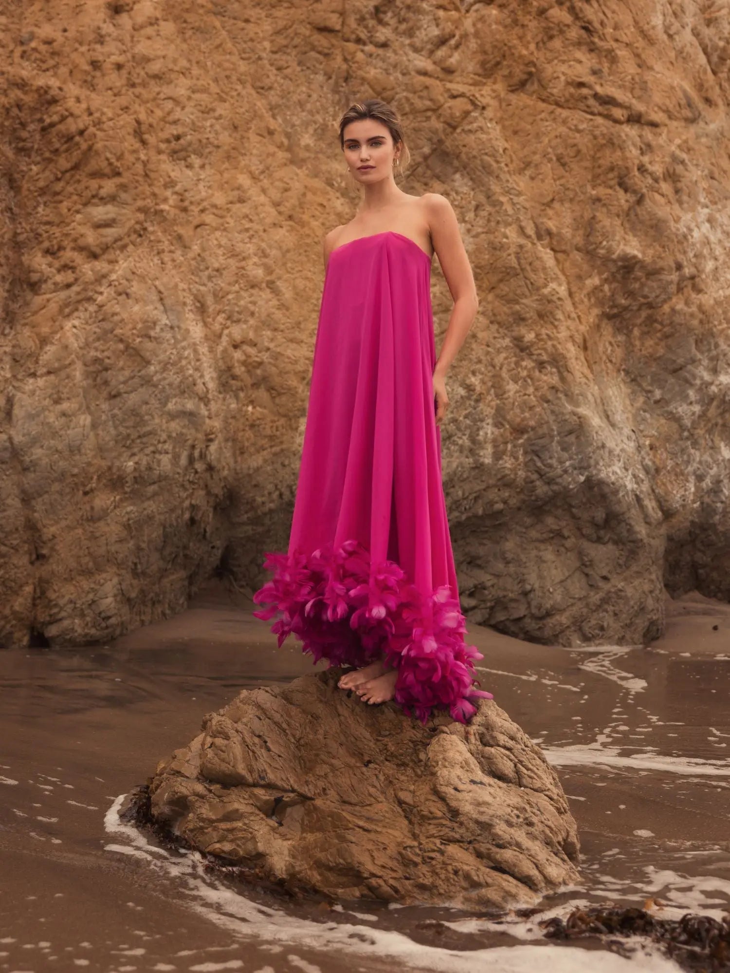 Pink Strapless Flare Feather Hem Gown
