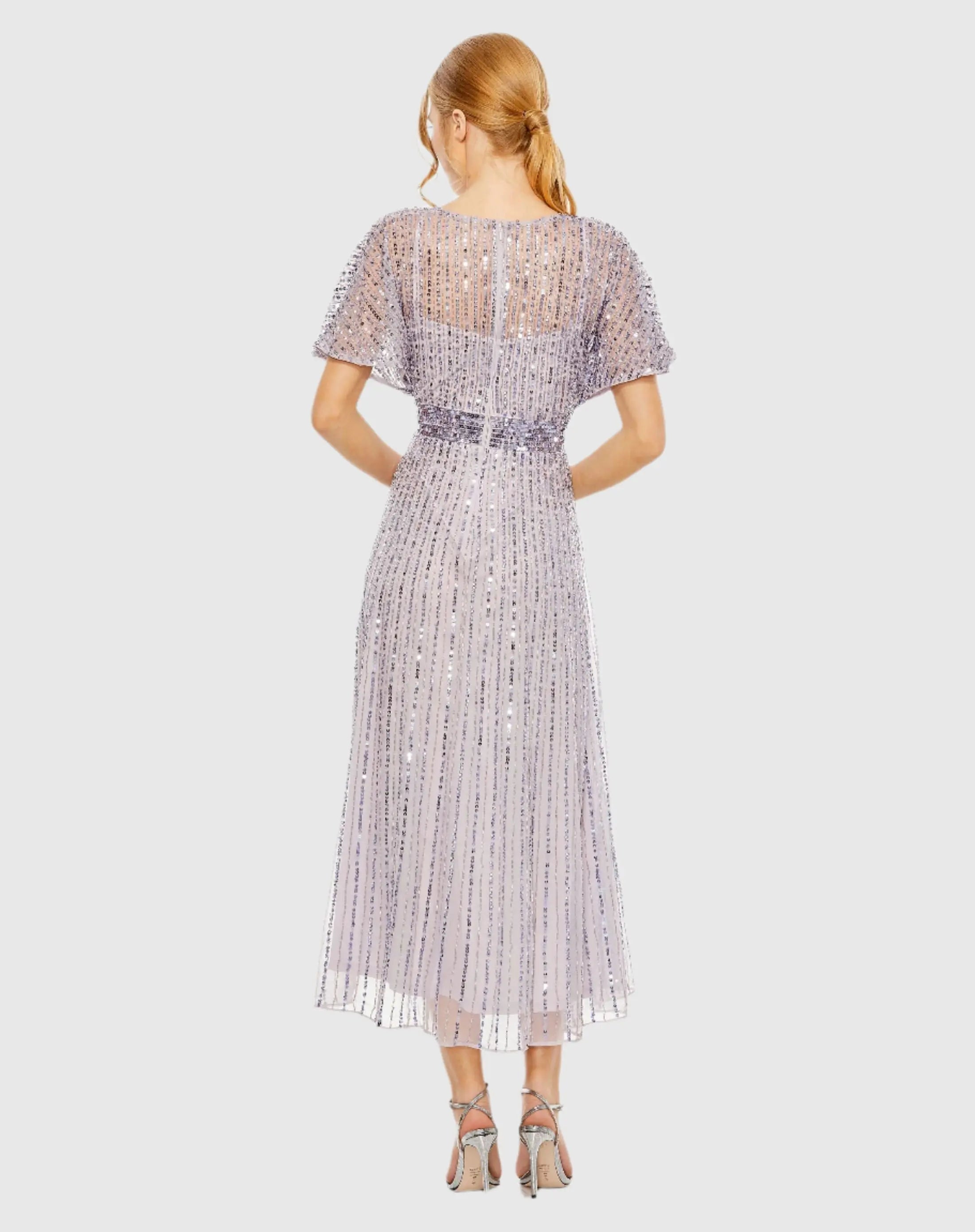 Purple Embellished Short Sleeve Empire Waist Dress