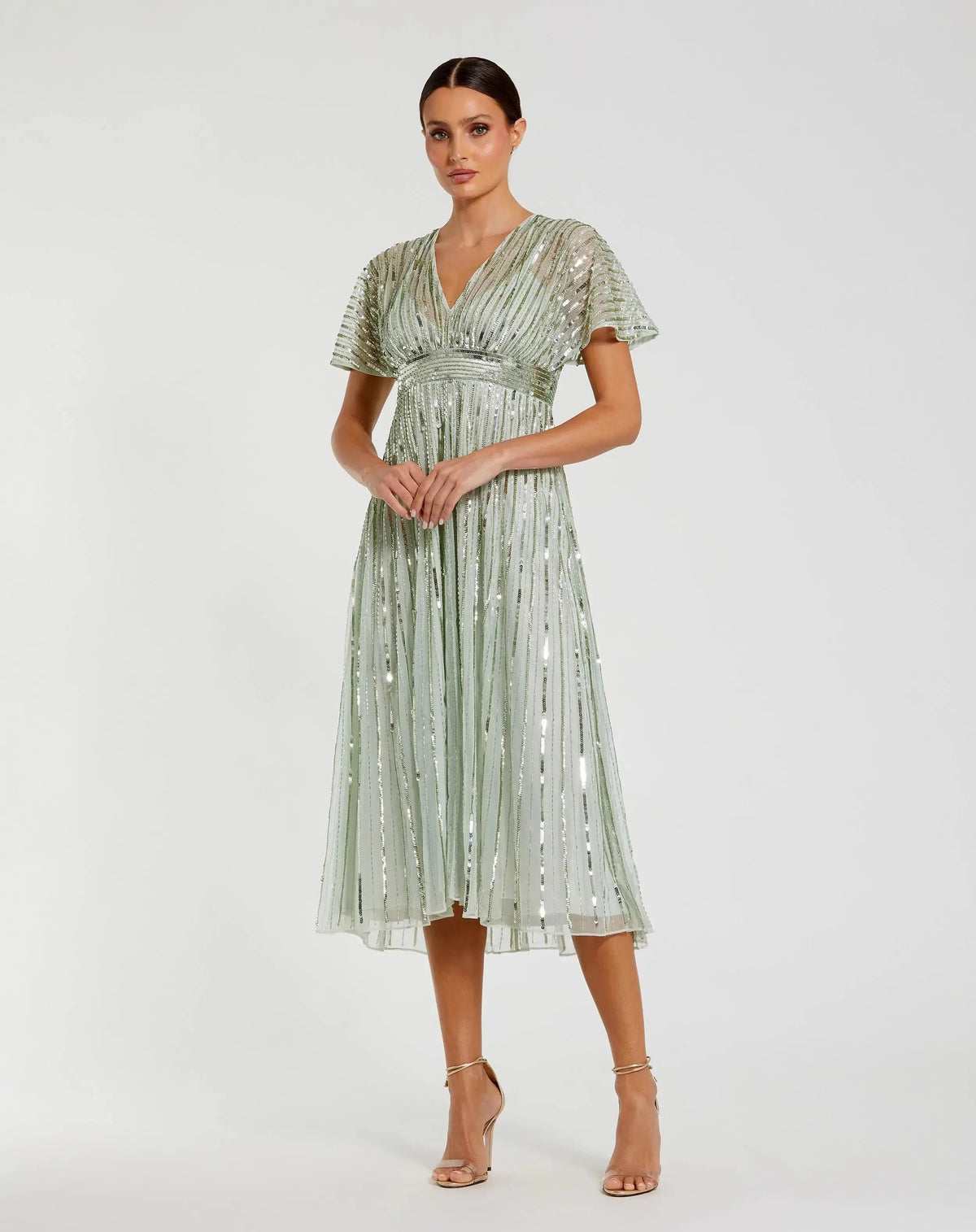 Green Embellished Short Sleeve Empire Waist Dress