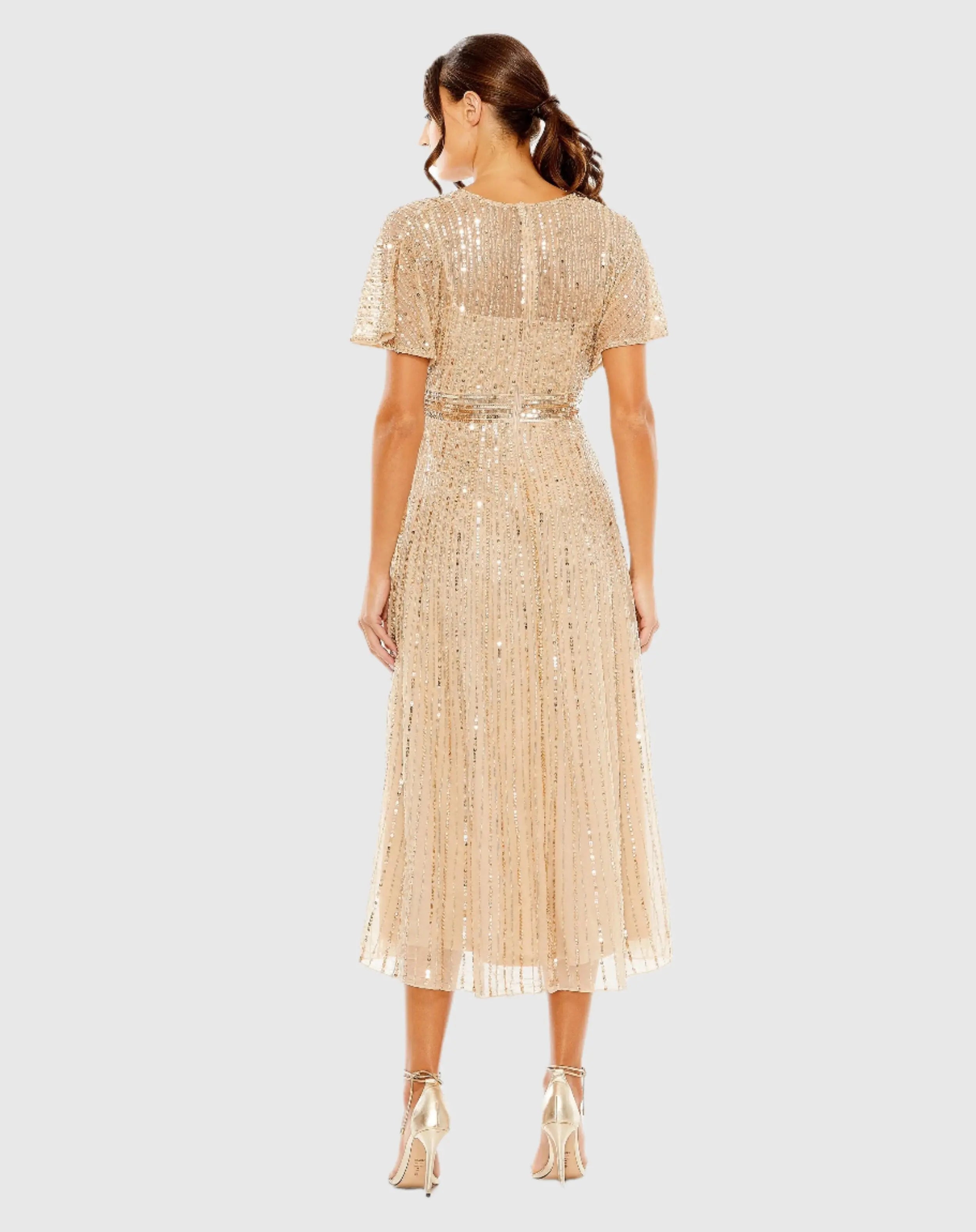Beige Embellished Short Sleeve Empire Waist Dress