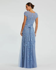 Blue Floral Embellished Cap Sleeve Gown