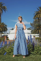 Blue Floral Embellished Cap Sleeve Gown