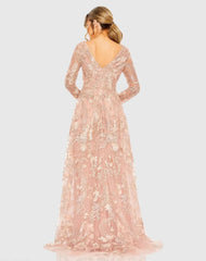 Pink Embellished Long Sleeve V Neck A Line Gown