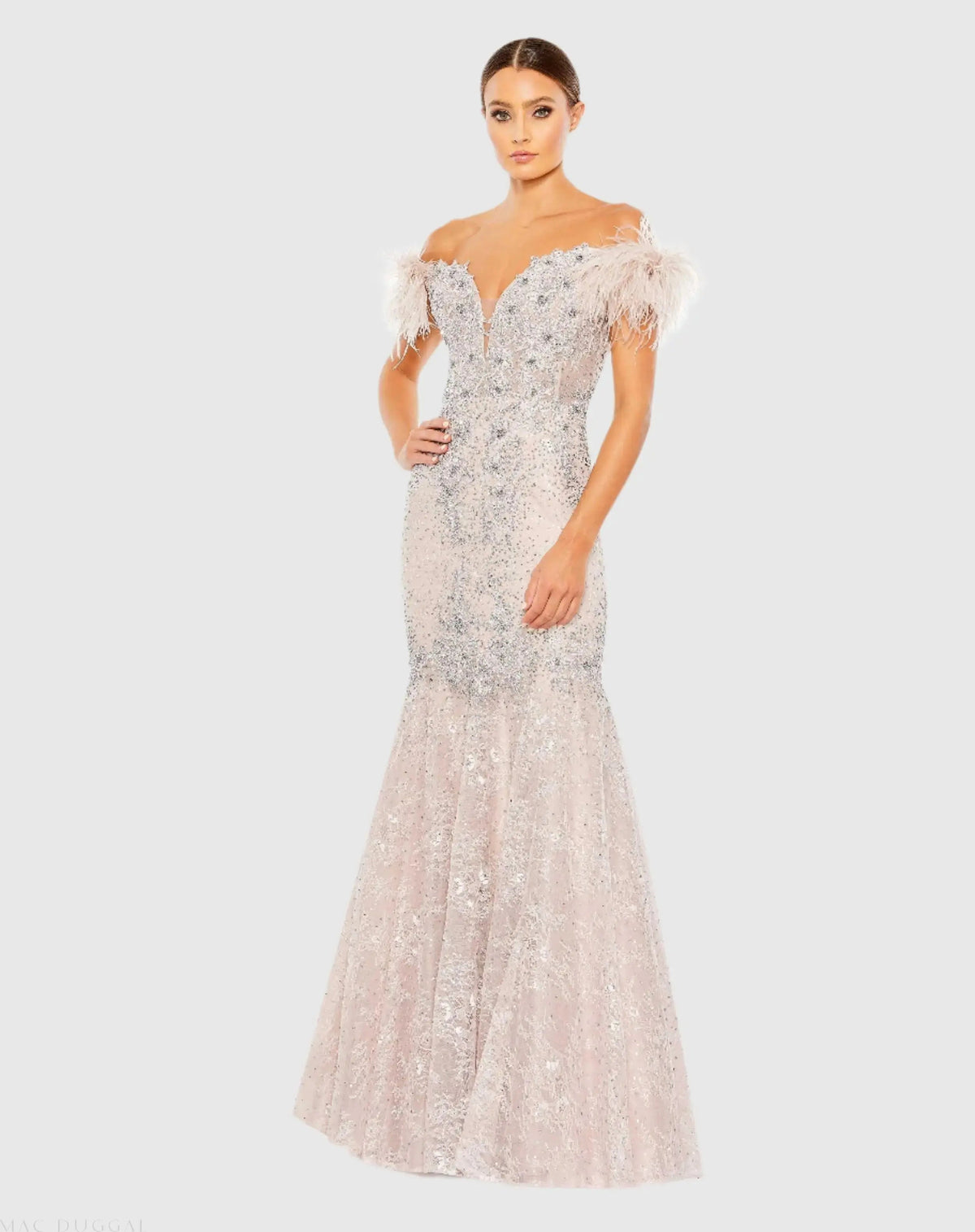 Pink Feathered Crystal Embellished Sleeveless Gown