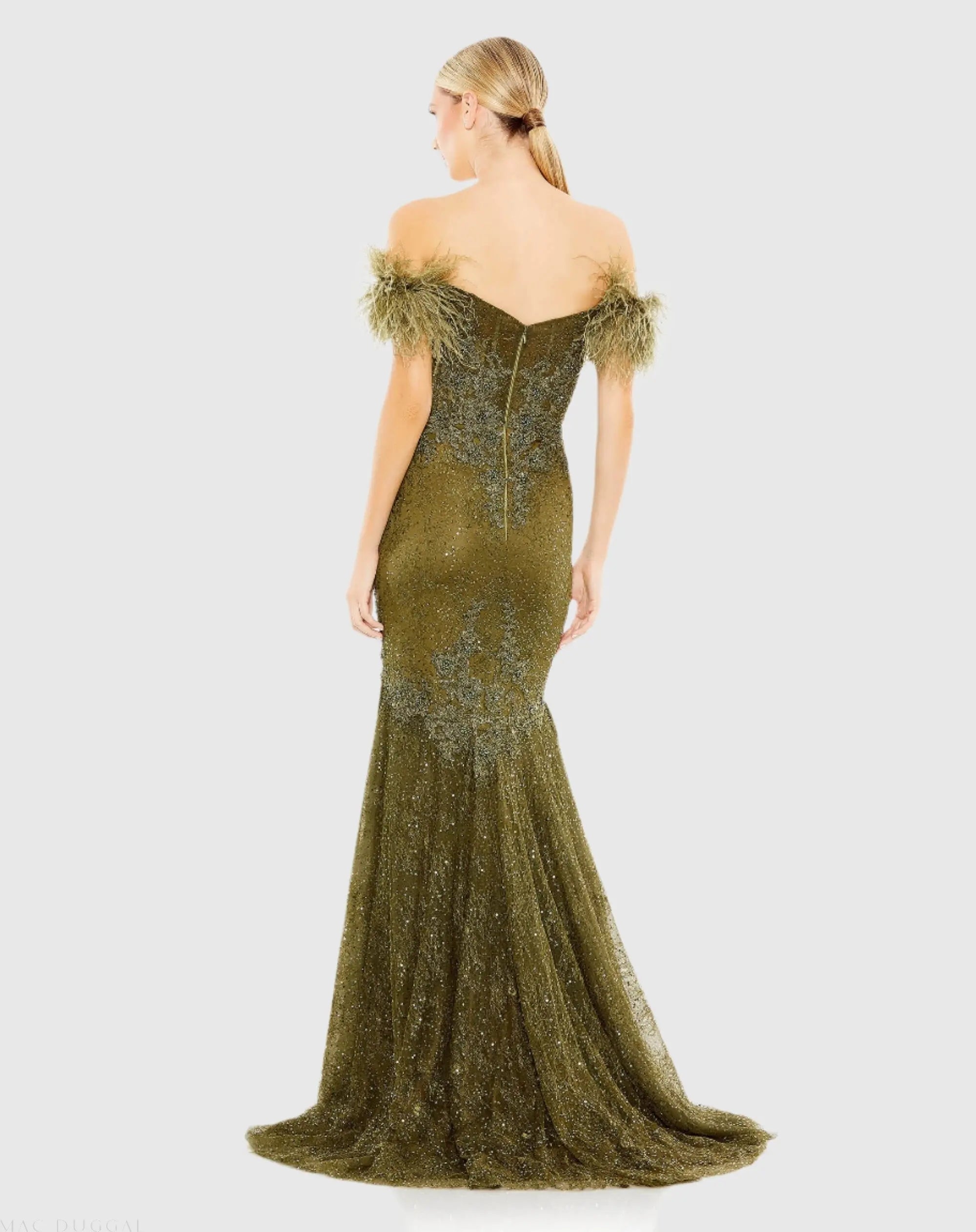 Green Feathered Crystal Embellished Sleeveless Gown