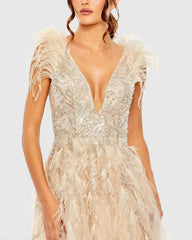 Beige Embellished Feathered Sleeveless A Line Gown