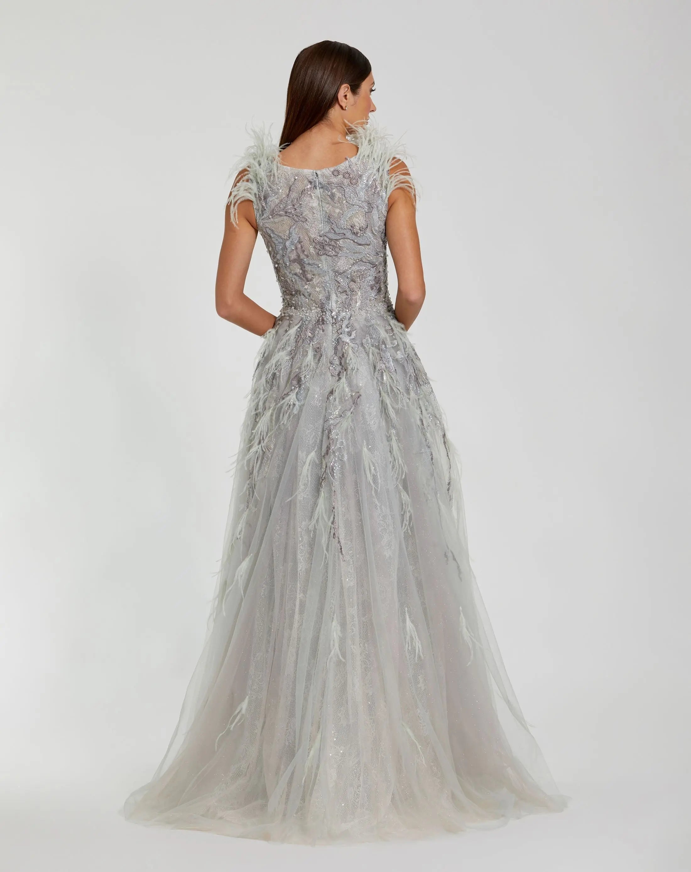 Green Embellished Feathered Sleeveless A Line Gown