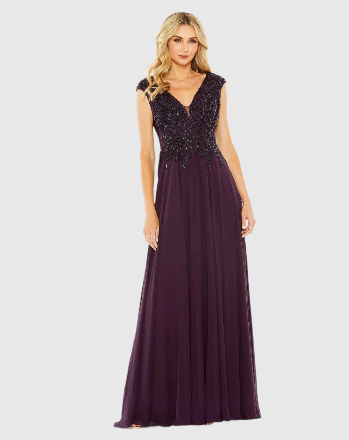 Purple Applique Cap Sleeve Bodice Flowy Gown