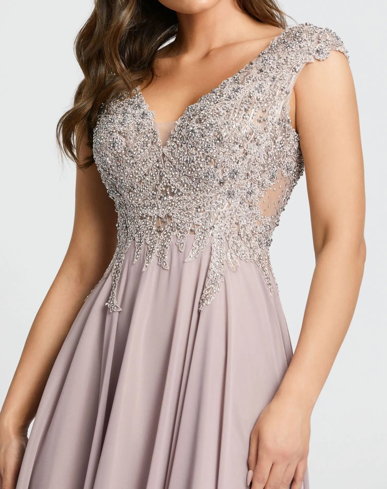 Light Purple Applique Cap Sleeve Bodice Flowy Gown