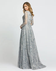 Gray Jewel Encrusted Long Sleeve Square Neck Gown
