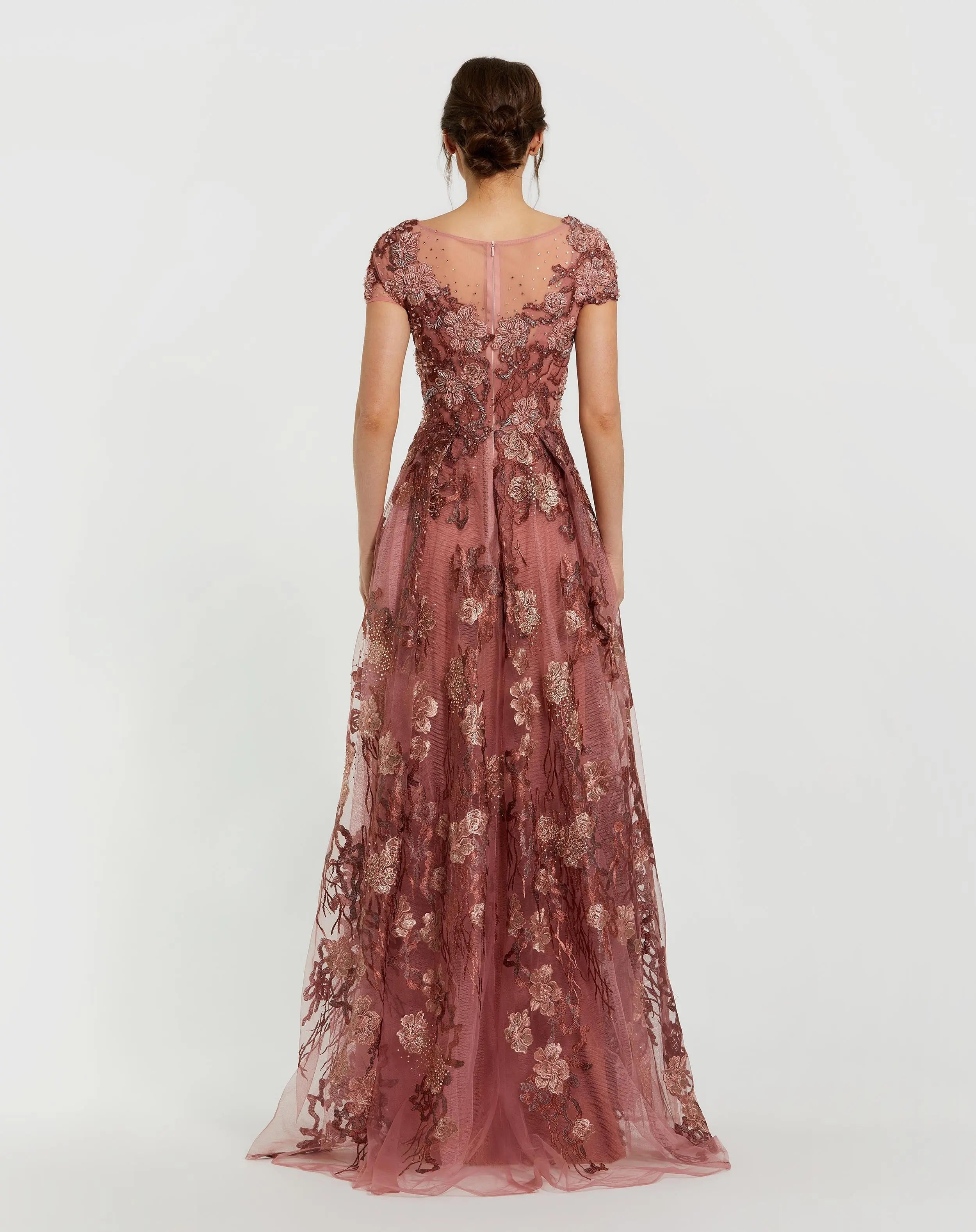 Pink Floral Embroidered Cap Sleeve Evening Gown