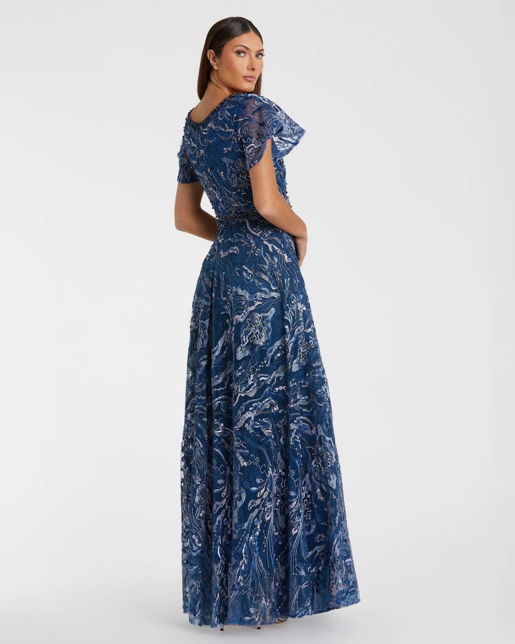 Navy Embellished Illusion Butterfly Sleeve A-Line Gown