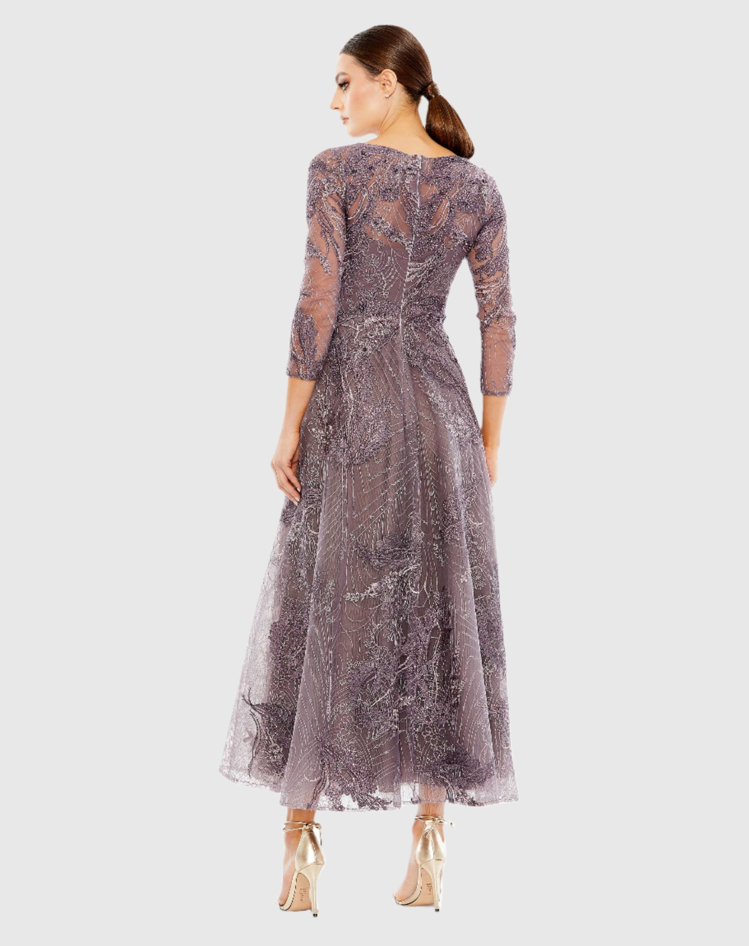 Purple Embellished Wrap Over 3/4 Sleeve Dress