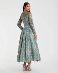 Green Embellished Bow Belt Illusion Long Sleeve A Line Dress