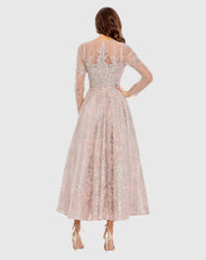 Pink Embellished Bow Belt Illusion Long Sleeve A Line Dress
