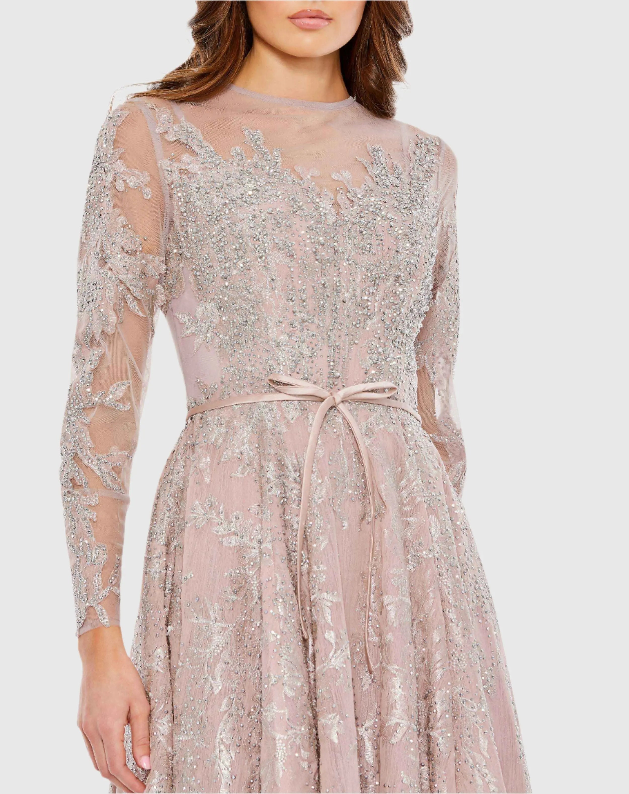 Pink Embellished Bow Belt Illusion Long Sleeve A Line Dress