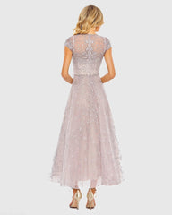 Purple Embellished High Neck Cap Sleeve A Line Dress