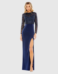 Navy Embellished High Neck Bodice Faux Wrap Gown