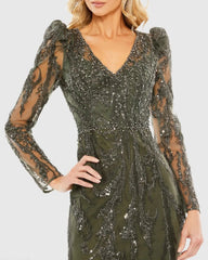 Green Embellished Puff Sleeve V Neck Gown