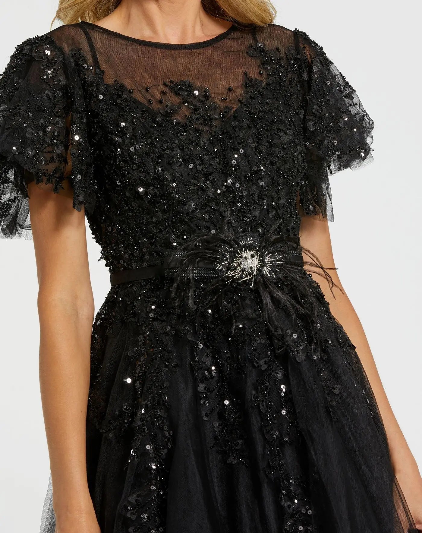 Black Embellished Flutter Sleeve Bow Waist A Line Dress