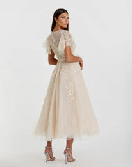Beige Embellished Flutter Sleeve Bow Waist A Line Dress