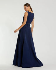 Navy Floral Applique Sleeveless A Line Gown