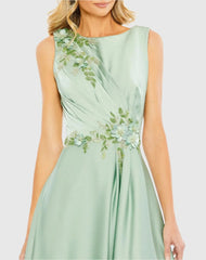 Green Floral Applique Sleeveless A Line Gown