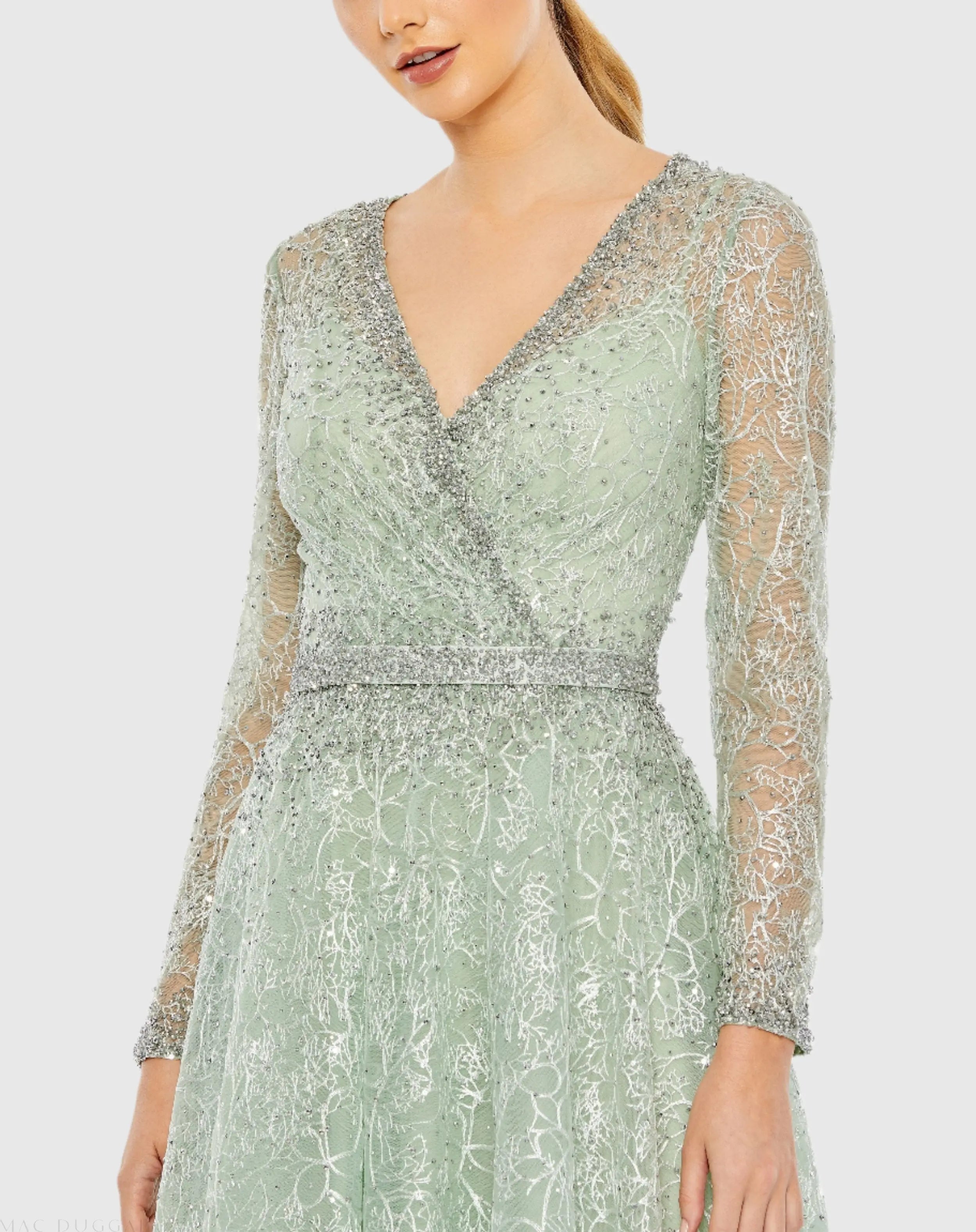 Green Embellished Wrap Over Long Sleeve Midi Dress