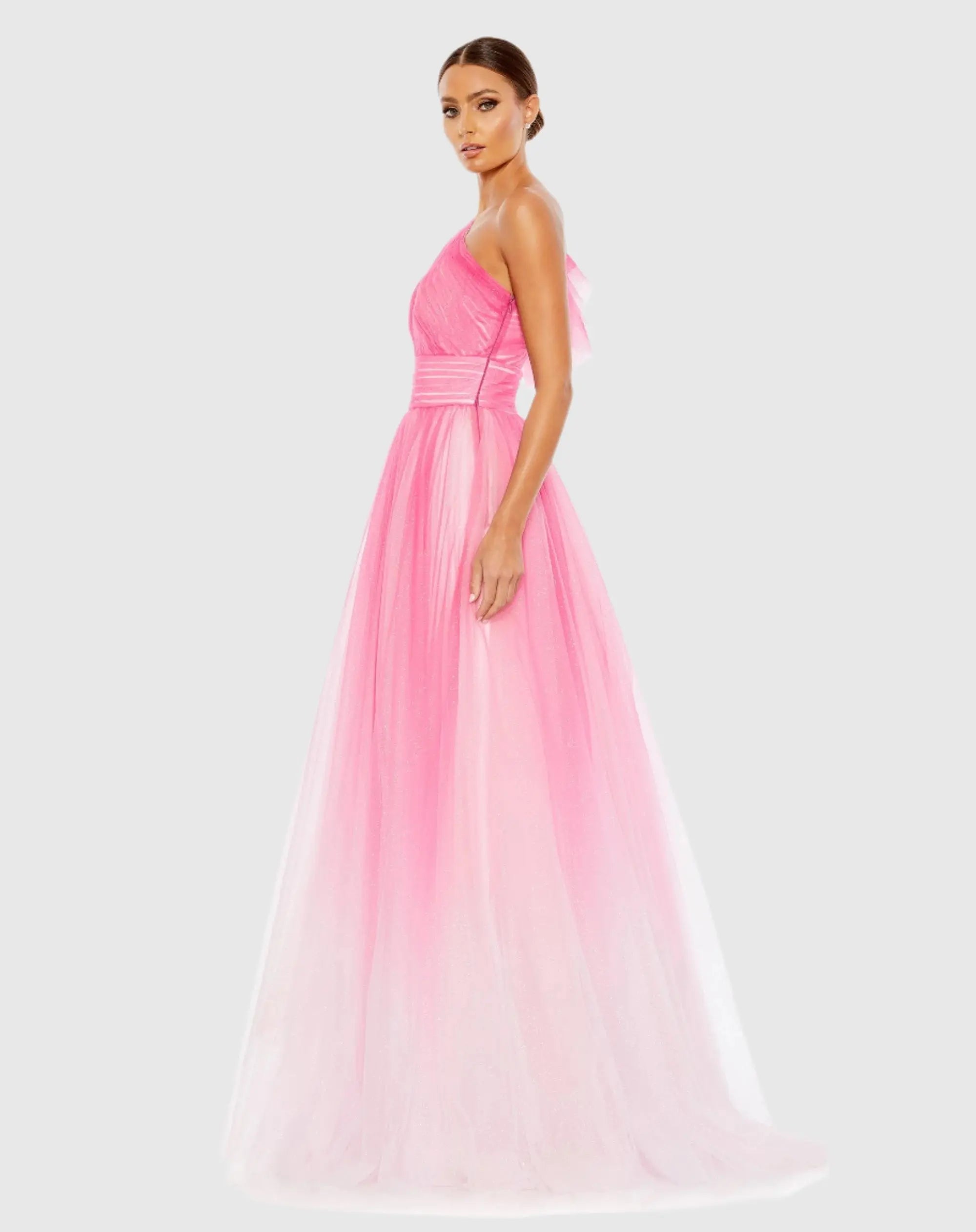 Pink Glitter Ombre Ruffled One Shoulder Ballgown - FINAL SALE