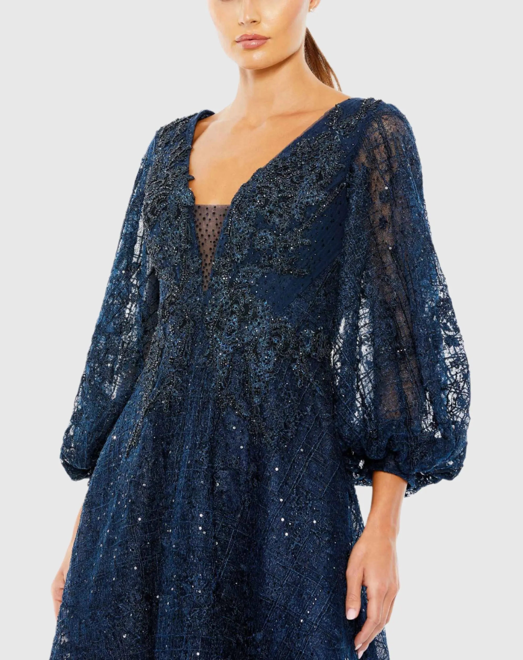Navy Embellished Plunge Neck Bishop Sleeve Dress