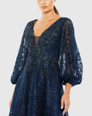 Navy Embellished Plunge Neck Bishop Sleeve Dress