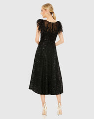 Black Feather Shoulder Embellished Dress