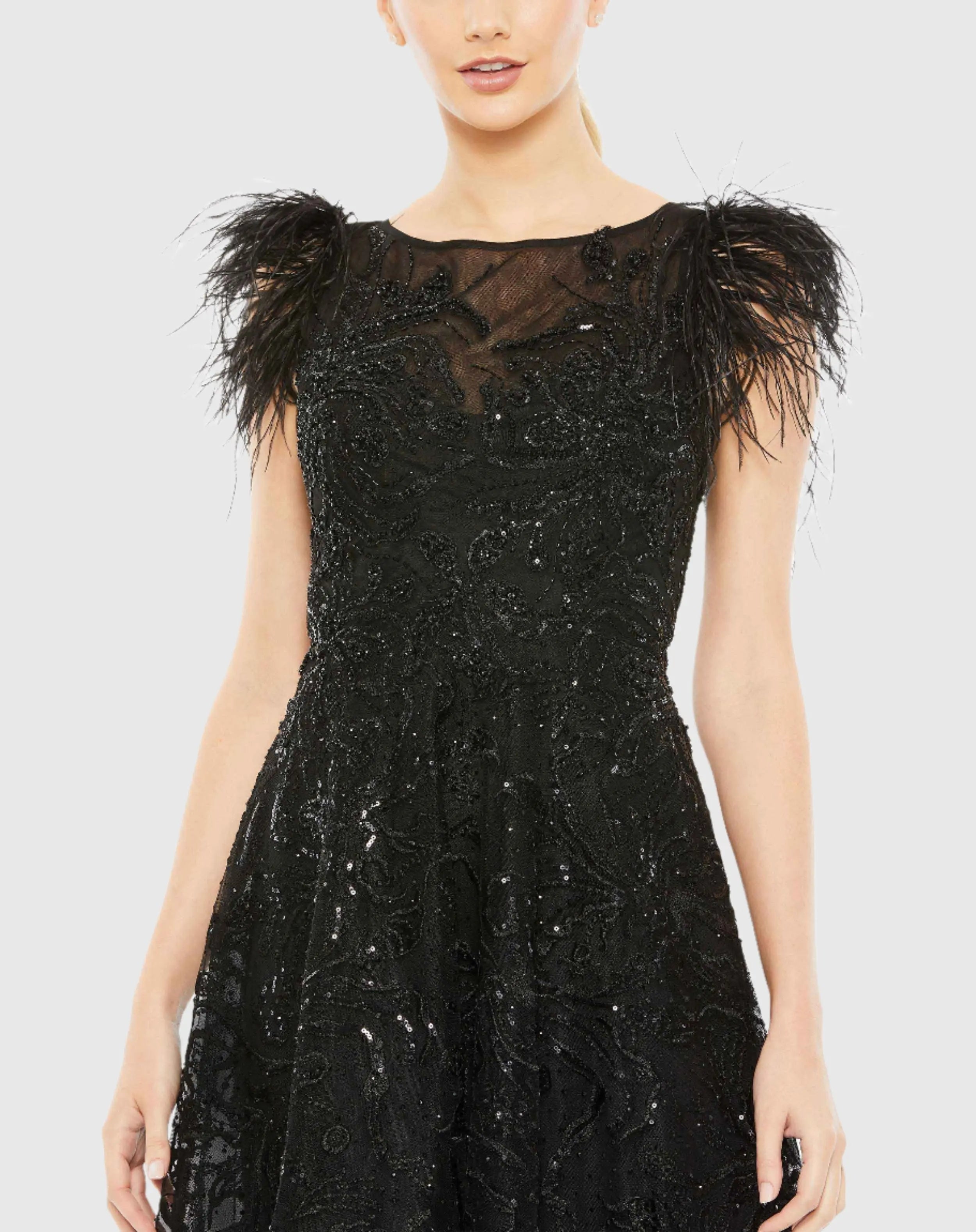Black Feather Shoulder Embellished Dress