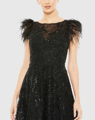 Black Feather Shoulder Embellished Dress