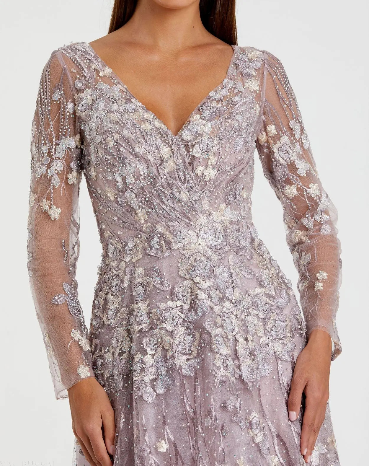 Purple Embroidered Lace Long Sleeve Floral Gown