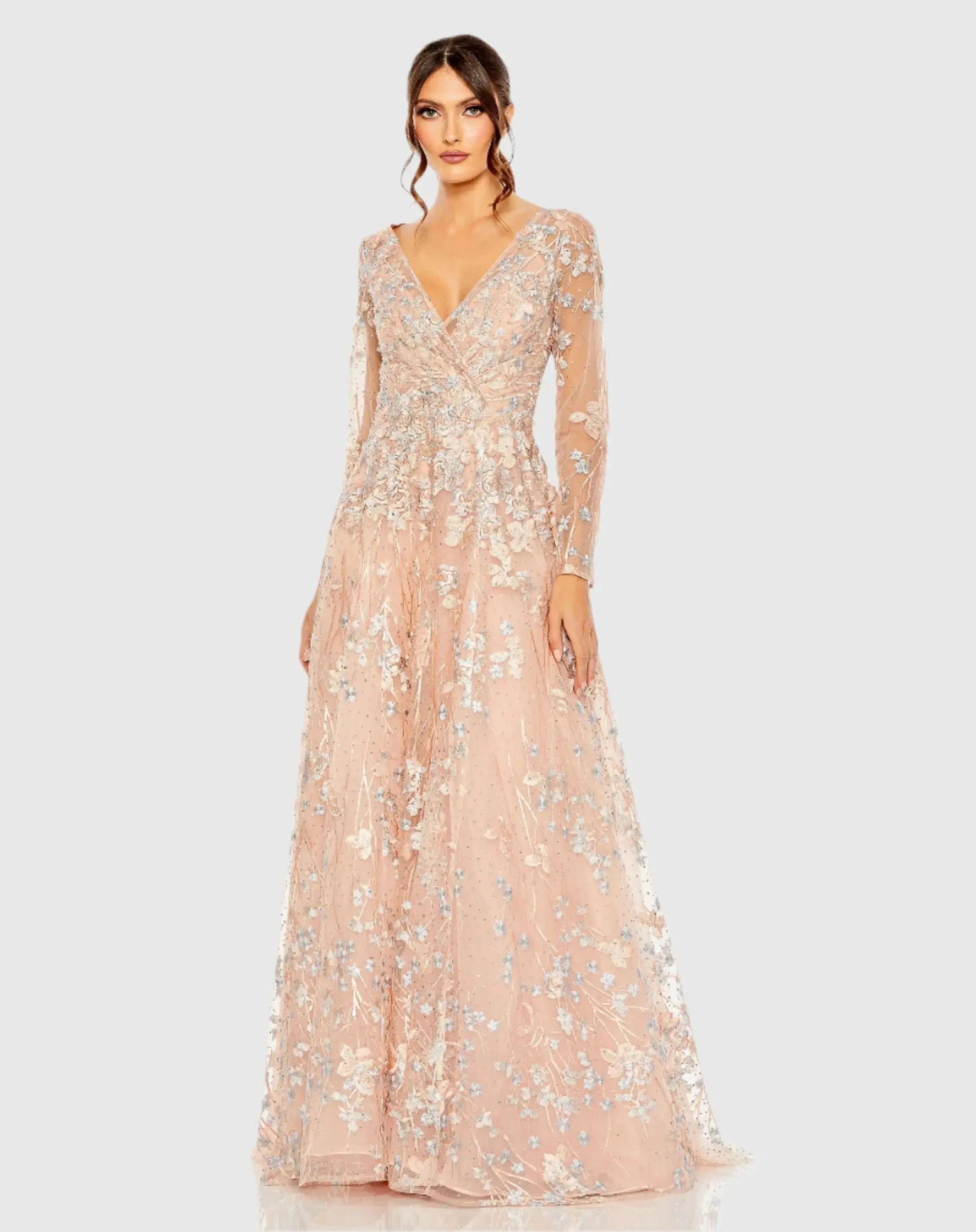 Embroidered Lace Wrap Over Illusion Long Sleeve A Line Gown